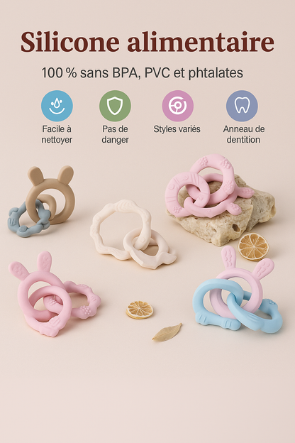 Anneau de dentition bébé – Silicone doux & oreilles de lapin pour soulager les gencives