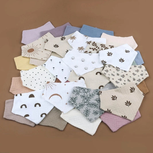 Lot de 4 bavoirs bébé en mousseline de coton - Bouton pression & couleurs douces