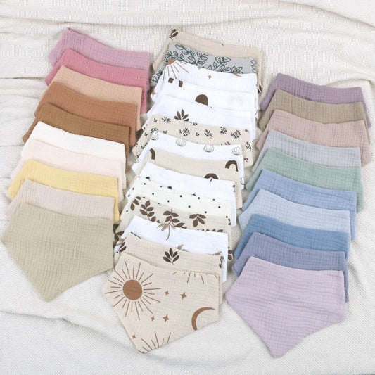 Lot de 4 bavoirs bébé en mousseline de coton - Bouton pression & couleurs douces